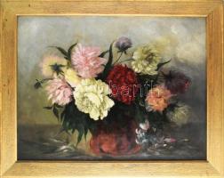 Nagy Károly (működött a XX. sz első felében, feltehetően aradi festő): Csendélet, 1930. Olaj, fa. Jelezve jobbra lent. Dekoratív fakeretben. 63x82 cm /