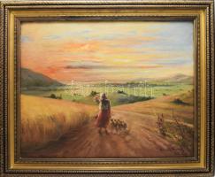 Horváth Henrik (1840-): Pásztorlány bárányokkal a világosi dombokon, háttérben Arad panorámája, 1910. Olaj, vászon. Jelezve jobbra lent. Dekoratív fakeretben. 57x70 cm. Horváth Henrik a bécsi és a müncheni Képzőművészeti Akadémián végezte tanulmányait. Rajzpedagógusként Nagybányán működött: Réti István és Thorma János is tanítványai közé tartozott. / oil on canvas, signed, framed