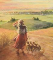 Horváth Henrik (1840-): Pásztorlány bárányokkal a világosi dombokon, háttérben Arad panorámája, 1910...