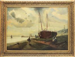 Horváth Henrik (1840-): Tengerparti jelenet, 1904. Olaj, vászon. Jelezve balra lent. Dekoratív fakeretben. 46x65 cm. Horváth Henrik a bécsi és a müncheni Képzőművészeti Akadémián végezte tanulmányait. Rajzpedagógusként Nagybányán működött: Réti István és Thorma János is tanítványai közé tartozott. / oil on canvas, signed, framed