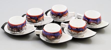 Azonosítatlan kolozsvári keramikus: Mokkás készlet. 6 db csésze, aljjal. Mázas kerámia, kézzel festett, jelzett, apró mázhibákkal.