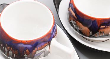 Azonosítatlan kolozsvári keramikus: Mokkás készlet. 6 db csésze, aljjal. Mázas kerámia, kézzel feste...