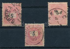 1889-1899 3 db 5kr bélyeg horvátországi bélyegzésekkel, köztük ritkább is