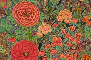 Madaras tál. Kézzel festett, fa tál. Hátoldalán kis kopással d: 35 cm,