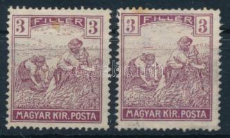 1916 Arató 3f 2 db bélyeg festékhiánnyal az értékszámban (rozsda / stain)