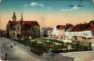1917 Kassa, Kosice; Fő utca, villamos, üzletek. K. J. Bp. 1916/20. / main street, tram, shops + céglyukasztásos bélyeg (kopott sarkak / worn corners)