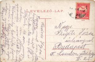 1917 Kassa, Kosice; Fő utca, villamos, üzletek. K. J. Bp. 1916/20. / main street, tram, shops + cégl...