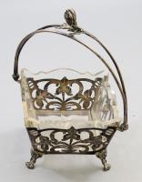 Szecessziós ón kínáló, üveg betéttel, lepattanással, 16x16x24 cm