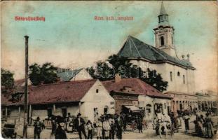 1909 Sátoraljaújhely, Római katolikus templom, piac, Ganz Lázár üzlete. Vasúti étterem kiadása + "S-A-UJHELY P. UDV." (fl)