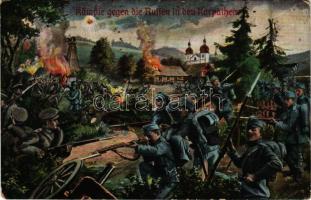 1916 Kämpfe gegen die Russen in den Karpathen / első világháborús katonai művészlap, ütközet az oroszokkal. L&amp;P 1683. / WWI Austro-Hungarian K.u.K. military art postcard, battles against the Russians in the Carpathian Mountains + "Tábori postahivatal 42" + "M. Kir. 5. Lovas Lövész Osztály Parancsnokság" (fa)