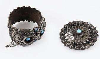 Ezüstözött keleti karperec és medál, d: 7 cm alatt