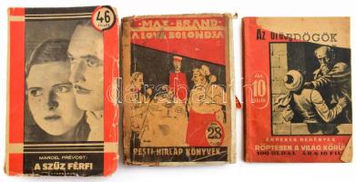 3 db ponyvaregény: Marcel Prévost: A szűz férfi. Ford.: ifj. Bókay János. Bp., é.n., Athenaeum. Kiadói papírkötés. + Max Brand: A lova bolondja. Ford.: Fodor Zoltán. II. köt. Pesti Hirlap Könyvek. Bp., 1933, Légrády. Kiadói papírkötés. + Kenessey Péter: Az ördögök kapitánya. Negyven év Vak Bottyán életregényéből. Bp., é.n., Magyar Népművelők Társasága. Kiadói papírkötés. Változó állapotban, részben foltos, sérült, az egyik kötet pótolt borítóval és címlappal.