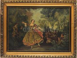 Olvashatatlan jelzéssel, XX. sz közepe: Tánc és zene erdőben. Olaj, vászon. Dekoratív, kissé sérült fakeretben. 55x70 cm.