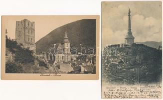 Brassó, Kronstadt, Brasov - 2 db RÉGI város képeslap: Millenniumi Árpád szobor, Fekete templom / 2 pre-1945 town postcards: monument, church