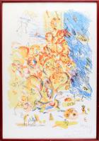 Ujházi Péter (1940-): Esti mese. Litográfia, papír, jelzett, üvegezett fakeretben. Lapméret: 60x42 cm