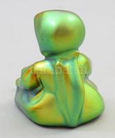 Zsolnay kisplasztika - üldögélő kendős kislány kosárral. Terv.: Sinkó András, eozin mázakkal festett...