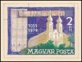 Légrády Sándor Tihanyi apátság 2Ft bélyegterve a tervező aláírásával. Képméret: 66 x 47 mm