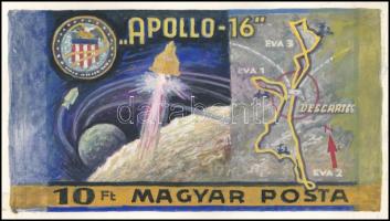 1972 Légrády Sándor Apollo-16 10Ft bélyegterve a tervező aláírásával. Képméret: 144 x 79 mm
