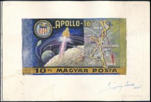 1972 Légrády Sándor Apollo-16 10Ft bélyegterve a tervező aláírásával. Képméret: 144 x 79 mm