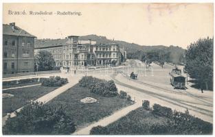 1912 Brassó, Kronstadt, Brasov; Rezső körút, Dr. Adler fogorvos, villamos / Rudolfs-Ring / street, dentist, tram (ázott sarok / wet corner)