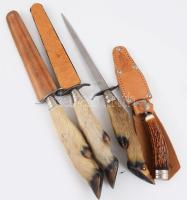 4 darab vadász stílusú levélbontó és tőr, közte 3 őzláb markolattal.