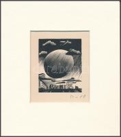 Molnár C. Pál (1894-1981): Város (cím nélkül). Fametszet, papír, utólagos jelzéssel, paszpartuban, 7×6 cm. Az 1937-ben megjelent Szabó Lőrinc: Reggeltől estig. Egy repülőutazás emléke c. kötetből.