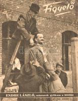 [Folyóirat] A magyar zsidóság deportálásáért felelős Endre László és Baky László nyilas államtitkárok kivégzése. A Képes Figyelő politikai, társadalmi, művészeti és gazdasági hetilap lapszáma. Felelős szerkesztő: Vásárhelyi Ferenc, szerkesztő: Petur László. II. évfolyam, 13. szám. (1946. március 30.). (Budapest), 1946. (Athenaeum Rt. ny.) [32] p. A hírhedt nyilas államtitkárok, a magyar zsidóság deportálásáért felelős Endre László és Baky László nyilas államtitkárok kivégzéséről képes riportot adó lap, a Képes Figyelő 1945. szeptember 1-jén indult. Lapszámunk első borítófedele, belső borítója is az akasztás aktusáról számol be, valamint a lap vezércikke is a témával foglalkozik. A társadalmi elégtétellel várt eseményt közzétevő képes politikai magazin máskülönben híven kiszolgálta a kommunista párt sajtóízlését és politikai nézeteit; az 1945. szeptember 1-jei lapszámmal induló lap a papír-ínség ellenére mindig elegendő papírhoz jutott, és gazdag fotótartalmat közölt; karikatúrái, fotóanyaga és hírszekciója meglepően gyakran a vélt vagy valós ellenség leleplezését szolgálta; lapszámunkban az Endre László és Baky László kivégzését méltán üdvözlő híradás mellett a kisgazdapárt politikusai váltak lejáratás tárgyává. A hangvétel nem véletlen, a Képes Figyelő alapító szerkesztője, Petur László egykori bűnügyi riporter 1945 után nem csupán a Képes Figyelő megszületésénél bábáskodott, hanem a kommunista párt által ellenőrzött rendőrség sajtóirodájának megszervezője, valamint a Párt sajtóöklének, a Szabad Népnek is közreműködője volt. Fűzve, illusztrált kiadói borítóban. Jó példány.