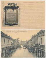 Kolozsvár, Cluj - 2 db RÉGI képeslap: Wesselényi Miklós utca, emléktábla Mátyás király szülőházán / 2 pre-1945 postcards: street, shops, monument