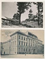 Máramarossziget, Sighetu Marmatiei - 2 db RÉGI képeslap: Törvényszéki épület, kilátótorony / 2 pre-1945 postcards: justice palace, lookout tower