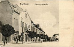 1915 Nagykároly, Carei; Széchenyi utca, fodrász üzlet, Sámuel Sándor üzlete és saját kiadása / street, hairdresser's, shops (EK)