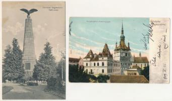 Segesvár, Schässburg, Sighisoara - 2 db RÉGI képeslap: Petőfi szobra, Fiúinternátus óratoronnyal