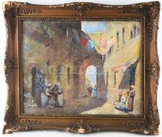 Péczely Antal (1891-1944): Keleti utca. Olaj, vászon, jelezve balra lent. Kissé sérült (felületi festék hiánnyal). Dekoratív, sérült, üvegezett fakeretben, 40x50 cm