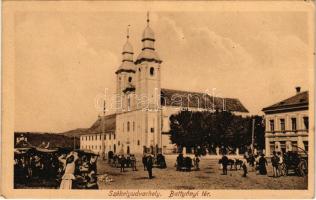 Székelyudvarhely, Odorheiu Secuiesc; Batthyány tér, templom, piac, Gáspár Testvérek üzlete. Z Székely Dénes kiadása / square, church, market (EK)