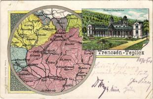 1908 Trencsénteplic, Trencianske Teplice; Gyógyterem, fürdő, térkép. Wertheim Zsigmond kiadása / spa, bath, map. Art Nouveau, litho (r)