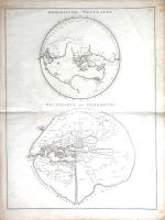 [Térkép] Homerische Welttafel - Weltcharte des Herodotos. Friedrich August Ukert német kartográfus "Geographie der Griechen und Römer" című térképészeti monográfiájához készült térkép. Rézmetszet (1816). [Weimar, 1816]. [Im Verlage des Geographischen Instituts.] Két rézmetszetű térkép közös lapon, a metszet mérete: 520x385 mm, lemezméret: 540x410 mm, lapméret: 575x435 mm. Kettős térképmetszetünk Friedrich August Ukert német kartográfus "Geographie der Griechen und Römer von den frühesten Zeiten bis auf Ptolemäus" című térképészeti monográfiájának 1. táblájaként jelent meg. A görögös névanyagot német átiratban közlő térképek a világ egészét antik világérzékelés szerint ábrázolják. Felső, homéroszi földabroszunk az Ókeanosz által körülölelt Föld mediterráneumában Odüsszeusz hajóútjait mutatja be, középpontjában Hellásszal, a görög szigetvilággal, Kis-Ázsiával, Levantéval, Szküllával és Kharübdisszel (Szicíliával), a Héraklész oszlopain (Gibraltáron) túli Elysion szigetével, Afrikában a Lótuszevők partvidékével, a Fekete-tenger mentén pedig a szintén mitikus Kolkhisz vidékével. Az alsó metszeten a hérodotoszi világtérkép látható, Európa, Ázsia és Afrika esetében is lényegesen gazdagabb hegy- és vízrajzi részletekkel, valamint számos mitikus néptörzs lakóhelyének feltüntetésével. A német kartográfia ókori térképészet iránt megélénkült érdeklődését nem csupán a német klasszika-filológia XVIII. századi áttörései indokolták; jelentős szerepet játszott benne Johann Heinrich Voss költő, műfordító századvégi Odüsszeia- és Íliász-fordítása is (1781, 1793). Jó állapotú térképlap, középen hajtásnyommal, a hajtás mentén apró javítással.