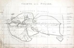 [Térkép] Charte zum Strabo. Friedrich August Ukert német kartográfus "Geographie der Griechen und Römer" című térképészeti monográfiájához készült térkép. Rézmetszet (1816). [Weimar, 1816]. [Im Verlage des Geographischen Instituts.] Rézmetszetű térkép, mérete: 255x395 mm. Térképünk Friedrich August Ukert német kartográfus "Geographie der Griechen und Römer von den frühesten Zeiten bis auf Ptolemäus" című térképészeti monográfiájának II. táblájaként jelent meg. A görögös névanyagot német átiratban közlő térkép a Föld térképét antik világérzékelés szerint ábrázolja, mégpedig Sztrabón (Kr. e. 63 - Kr. u. 23 után) ókori görög utazó, földrajzi író világérzékelése szerinti földabroszt, mely a korábbi világmodelleknél pontosabban mutatja be az Óvilág három kontinensét, Európát, Ázsiát és Líbiát (Afrikát): az Ibériai-félszigettől a szkíta földekig, a hellenisztikus Kis-Ázsiától Indiáig, az Atlasz-hegységtől Afrika szarváig terjedő földeket, valamint a köztes és határoló tengereket. Sztrabón térképe ismeri a Földközi-tengert, a Fekete- és Kaszpi-tengert, a Vörös-tengert, feltünteti az Északi-tengert, az Atlanti-óceánt, az Indiai-óceánt (a Csendes-óceán létéről viszont nem tud). Jerne néven számontart egy különös szigetet, nagyjából Izland környékén; a Kaszpi-tenger és az Északi-tenger között összeköttetést tételez fel, a szkíták jelenlétét pedig mind a kelet európai sztyeppén, mind Észak-Ázsiában feltünteti. A legrészletesebben kimunkált térség természetesen a szerző kis-ázsiai szülőhazája, a Pontus vidéke, hegyrajzában is itt a legpontosabb. A Nílus forrásaival kapcsolatban vadabb feltételezésekbe bocsátkozik, Európában a Tajo, a Rajna, az Elba, a Duna, illetve a Fekete-tengerbe északról ömlő folyók folyásirányára koncentrál, Ázsiában pedig a Tigris és az Eufrátesz, az Indus és a Gangesz jelenlétét ismeri el. Térképén természetesen mitikus néptörzsek is feltűnnek, illetve a fontosabb városokat is feltünteti. Lapunk szélén szélességi és hosszúsági beosztások. Jó állapotú térképlap, fölül apró pótlással, hátoldalán apró javítással.