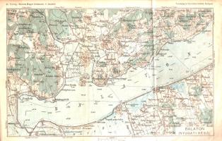 Balaton és környéke részletes kalauza. Szerkesztették Dornyay Béla és Vigyázó János. Budapest, 1934. Turistaság és Alpinizmus Lap-, Könyv- és Térképkiadó Rt. (Sárkány Nyomda Rt.) 426 + [6] p.+ 6 t. (kihajtható látképek) + 5 térkép (kihajtható, ebből 2 színes, 3 kétszínnyomású). Első kiadás. A Vigyázó János túraszervező és turisztikai szakíró (1888-1962), valamint a keszthelyi születésű muzeológus, Dornyay Béla (1887-1965) közös szerkesztésében megjelenő, rendkívül gazdagon illusztrált Balaton-kötet Magyarország legfontosabb turisztikai régiójának alapos leírása. A munka bőven kitér a Balaton nemzeti tájának geológiájára, meteorológiájára, növény- és állatvilágára, néprajzára és népi mesterségeire, történelmére, turizmusára. A részletes útikalauz templom- és várhomlokzatok, templom- és vár-alaprajzok, szőlőhegy-látképek, építészeti és népi építészeti vázlatok, város-skiccek és utcarajzok, üdülési, sportolási és túrázási zsánerképek kíséretében méltatja a Balaton északi, keleti, déli és nyugati partjának országismereti, kulturális és rekreációs lehetőségeit. A kötet részletesen tárgyalja Veszprém, Keszthely és Zalaegerszeg városának kulturális és turisztikai értékeit is.  A címlapon régi gyűjteményi bélyegzés és katalógusszám. Néhány oldalon apró foltosság, néhány helyen enyhe lapszéli gyűrődés. (Thirring-Vigyázó-féle Részletes magyar útikalauzok. 6. szám.) Poss.: Székesfővárosi községi polgári fiúiskola könyvtára, III. kerület, Kiskorona u. 10.) Fűzve, enyhén sérült gerincű, kissé foltos kiadói borítóban. Jó példány.