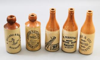 5 darab angol kőedény sörös palack, Johnson, Basker &amp; Co., N. Furnival, Biscombés, Bullard &amp; Sosns, Slack &amp; Cox, jelzett, kis sérüléssel, m: 20 cm alatt