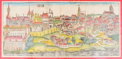 Hartmann Schedel (1440-1510): Buda látképe, 1493. (Buda első képes ábrázolása) Buda színezett fametszetű látkép keleti irányból felvéve, két levélre nyomtatva. Hátoldalán szöveggel, Paszpartuban. 240 × 530 mm