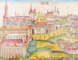 Hartmann Schedel (1440-1510): Buda látképe, 1493. (Buda első képes ábrázolása) Buda színezett famets...