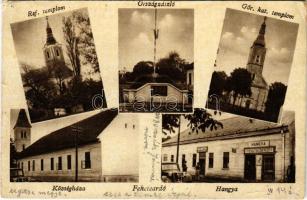 Feketeardó, Chornotysiv, Csornotisziv; Országzászló, utca, Hangya üzlet, Római katolikus és református templom / Hungarian flag, cooperative shop, street, churches (EM)