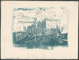 Nolipa István Pál (1907-1986): Gyorsforgalmi hídnál (Budapest), 1975. Linómetszet, fedőfehér, papír. Jelzett a metszeten. Lap alján autográf felirattal. 18x24 cm.