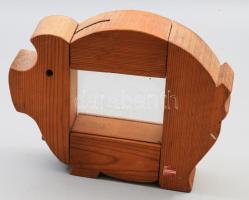 Üvegezett fa malac persely, jelzett, 26x21 cm