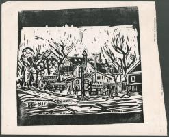 Nolipa István Pál (1907-1986): Soroksári részlet céllövöldével, 1969. Linómetszet, papír. Jelzett a metszeten. Lap széle vágott. 20x21 cm.