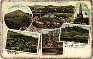 Trutnov, Trautenau; Schneekoppe, Gablenz-monument, Johannisbad, Kapellenberg und Stadtpark, Schlachtfeld, Rübezahlbrunnen, Flachsspinnerei. Wilh. Knorr / mountain, general view, spa, park, fountain. Art Nouveau, floral, litho (kopott sarkak / worn corners)