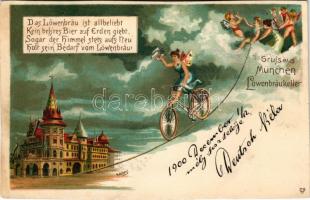 1900 Gruss aus München Löwenbräukeller / German brewery advertisement, fairy on bicycle. litho s: R. Peters (vágott / cut)