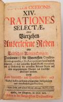 M. Tullii Ciceronis XIV. Orationes selectae, Oder Vierzehn auserlesene Reden. Mit Teutschen Anmerckungen, darinnen 1) Die schweresten Constructiones gewiesen, 2) die Antiquitäten hinlänglich erläutert, 3) viel politische Kunst-Griffe marquiret, und 4) sonderlich die nettesten Redens-Arten auf eine ungezwungene Manier ins Teutsche übersetzet werden. Nebst einem Lateinisch- und Teutschen Real- und Verbal-Indice, zu denen erläuterten Antiquitäten und merkwürdigsten Phrasibus. Halle im Magdeb, 1719, Zu finden in der Rengerischen Buchhandlung,16 sztl. lev.+712 p. + 11 sztl. lev. Német és latin nyelven. Korabeli kartonált papírkötés, kopott borítóval, sérült gerinccel, hiányzó címképpel, sérült kötéssel, a címlapon kis sérülésekkel.