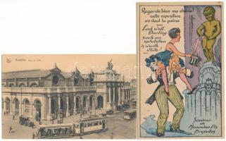 Brussels, Bruxelles - 2 pre-1945 postcards: Manneken-Pis, Gare du Midl., railway station