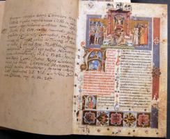 Képes Krónika hasonmás kiadás + magyar fordítás 2 kötetben. Aranyozott kiadói műbőr,  illetve fél-mű...