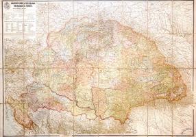 [Térkép] A Magyar Korona országainak közigazgatási térképe. Tervezte és rajzolta Kogutowicz Manó. Mértéke: 1:900.000. Budapest, [1911-1912]. Magyar Földrajzi Intézet Rt. Színes kőnyomat, mérete: 785x1110 mm egy 820x1170 mm méretű térképlapon. A Magyar Korona országainak közigazgatási térképén Magyarország és Horvát-Szlavónország közös térképe, megyebeosztással, domborzati és vízrajzi, településhálózati és vasútfejlesztési részletekkel. Magyarország esetén magyar, a horvát részek esetén horvát nyelvű földrajzi névanyaggal. A könyvészet a Kogutowicz-féle országos közigazgatási térképből két kiadást ismer: egyet 1906-ból és egyet 1911/1912-ből. Évszámadat nélkül megadott térképünk kiadási évének megállapításához tekintetbe vettük az 1908-as év jelentős vasúti eseményét: ekkor adják át a forgalomnak Szatmár megye fontos vasútpályáját, a Mátészalka-Csenger-Szatmárnémeti vasutat, melyet térképünk már feltüntet. Jó állapotú lap, vászonra vonva, hajtogatva.